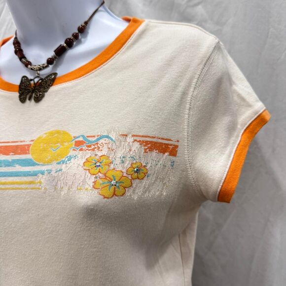 Y2K Ringer Tee M Self Esteem Sunset Beach Surf Print Floral Rhinestone - Picture 5 of 8